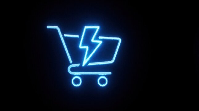 Blue neon shopping cart icon with lightning bolt symbol on black background. Glowing electric cart represents fast delivery service, express shipping speed. Minimalist digital graphic for e-commerce