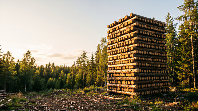 Stacked logs in a forest at sunset