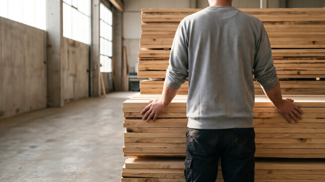 Man in workshop with stacks of lumber