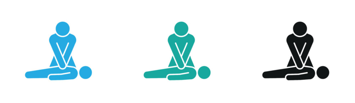 CPR cardiopulmonary resuscitation medical first aid icon set showing chest compression emergency life support training technique for patient health safety black blue isolated vector illustration .