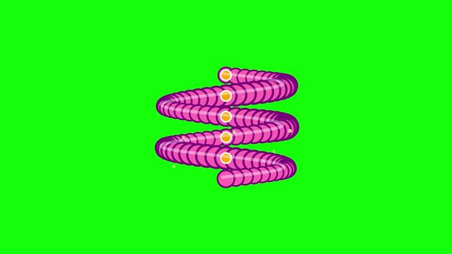 Animation icon of a pink spiral coil with orange circular nodes on a green screen background. Flat vector style zigzag spring graphic for motion design and video assets.