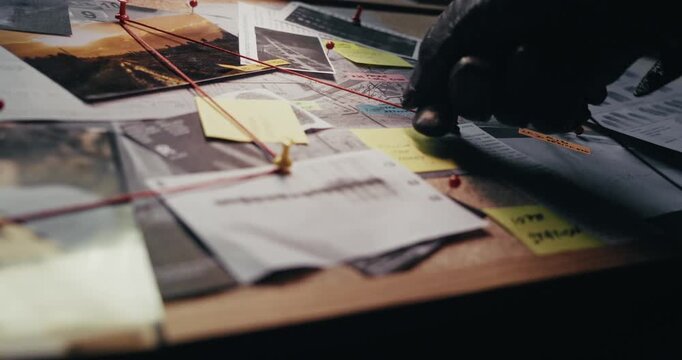 Gloved hand reroutes red string connecting evidence on a crime board, evoking detective investigation, clandestine activity and possible evidence manipulation.