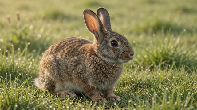 Wild Rabbit in Dewy Meadow: A wild rabbit with soft fur and alert ears sits attentively in a grassy meadow covered in morning dew, its small form a charming addition to the serene landscape.