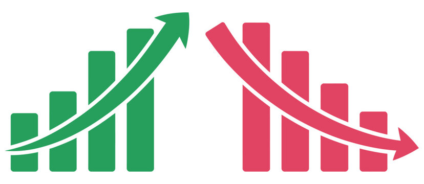 Line growth and decrease graph chart, growth up and down sign for profit loss, revenue performance and financial analysis vector, design