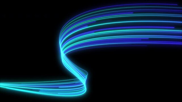 Abstract 3D animation with glowing ribbons circling through a fluid futuristic environment