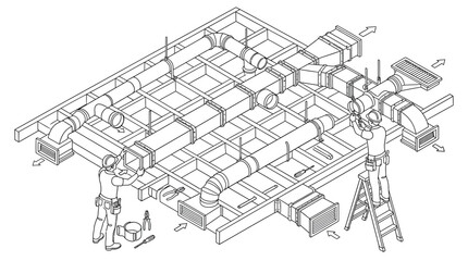 Fototapeta premium Isometric HVAC Ventilation Ductwork Installation Line Art