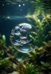 Obraz premium Purity and fragility concept, iridescent soap bubbles floating in water with aquatic plants in the background for environmental and wellness themes