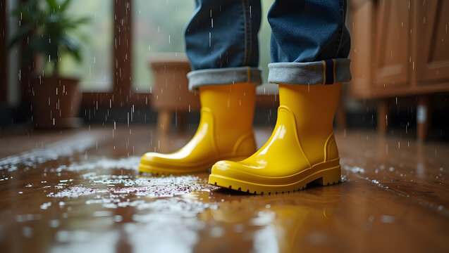Artistic portrait photography of person wear bright yellow rubber boot stand in indoor wet floor rainy day weather storm home decor concept closeup low angle shot focus on footwear and water drop deta