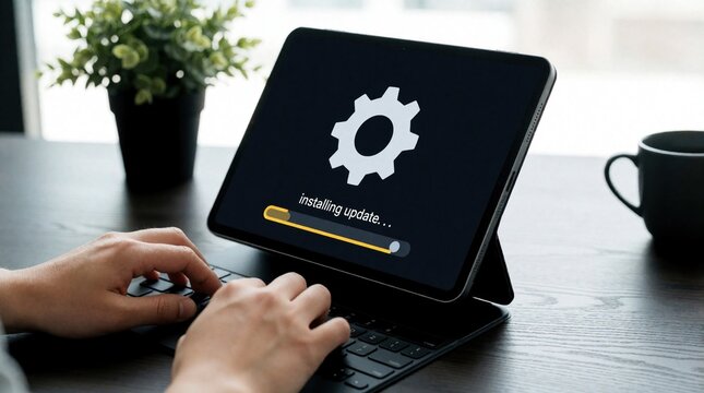 Person uses tablet computer with external keyboard to install software update. Digital system maintenance process on screen shows loading progress bar, gear icon. Modern tech device optimization at