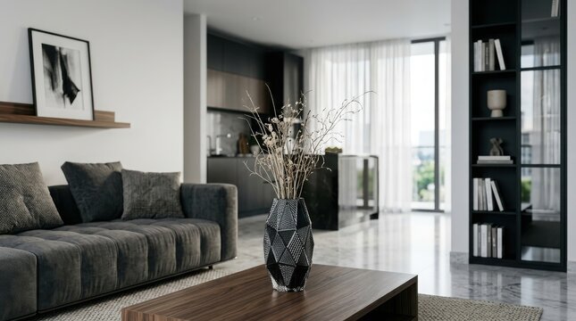 Modern Living Room Decor With Elegant Coffee Table And Flower Arrangement
