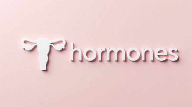 White uterus icon and hormones text on pale pink background. Symbolizes female reproductive health, endocrine system, and woman wellness topics.