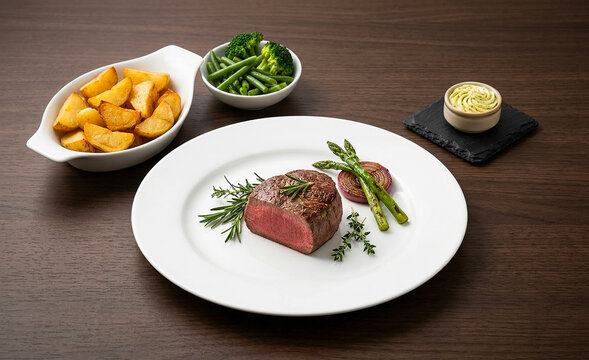 Medium gebratenes Rindersteak - als Beilagen Kartoffeln, Brokoli, Spargel, Kr&auml;uterbutter und Zwiebeln

