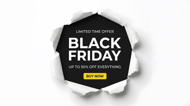 Black friday sale banner with torn paper effect, limited time offer, up to 50 percent off everything, isolated on white background