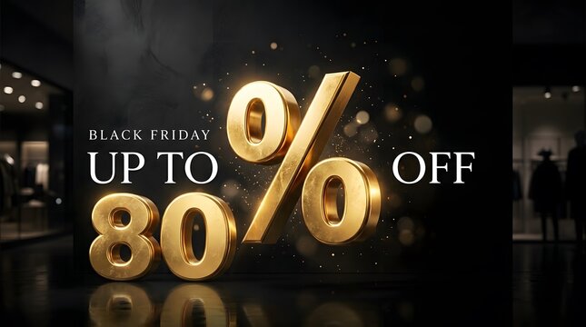 Black friday sale banner with 80 percent off gold 3d numbers on a dark background with bokeh lights