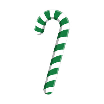 Green and white striped Christmas candy cane isolated on white background. Peppermint holiday candy stick vector clip art for xmas trees and festive designs.