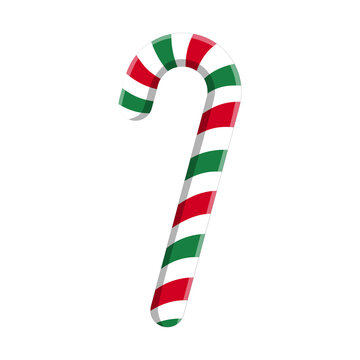 Red, green, and white striped Christmas candy cane isolated on white background. Classic Xmas peppermint stick vector illustration for holiday
decor