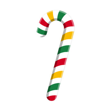 Colorful red, yellow, and green striped Christmas candy cane isolated on white background. Festive peppermint candy stick vector illustration for holiday decoration.