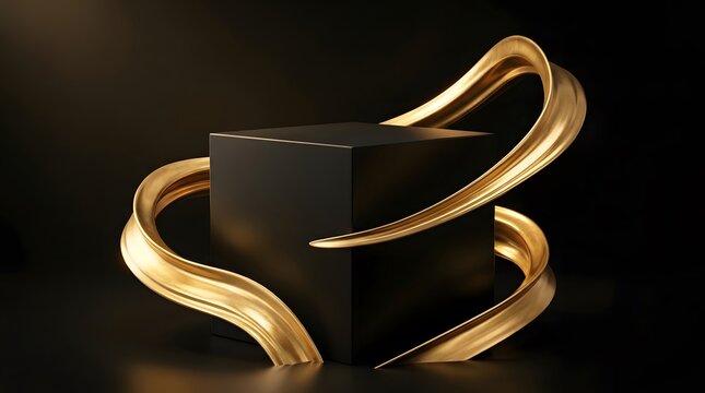 Black cube pedestal with abstract golden flowing ribbons for luxury product display on dark background