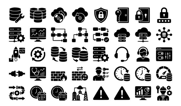 System management solid glyph icon set for database security server automation workflow configuration and IT operations
