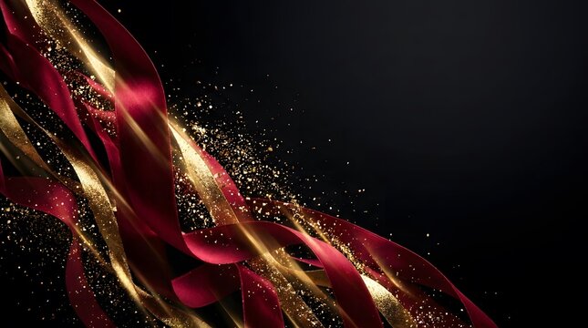 Abstract background with flowing red silk ribbons and golden glitter particles on a dark background
