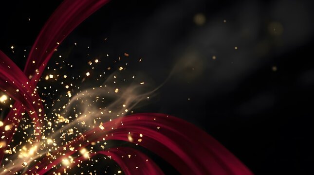 Abstract background with flowing dark red silk ribbons and golden glitter particles exploding in the air
