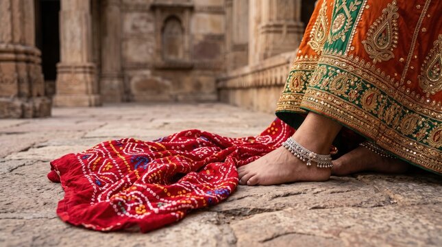 Closeup of a womans feet wearing traditional silver anklets and a vibrant lehenga skirt, resting on a stone floor in an ancient temple setting