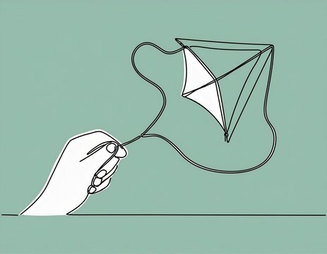 hand holding a string of a flying kite in minimalist line art