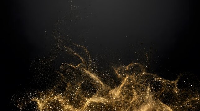Abstract background with golden glitter particles swirling in a dark space, luxury festive concept for celebration and holidays