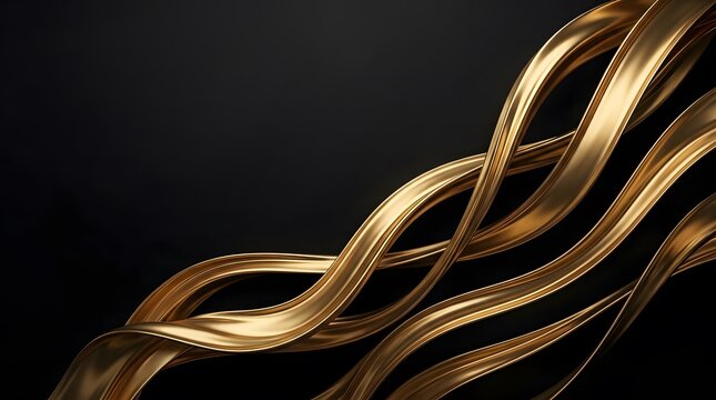 Abstract flowing golden ribbons on a black background, 3d render of elegant metallic waves for luxury design and premium branding