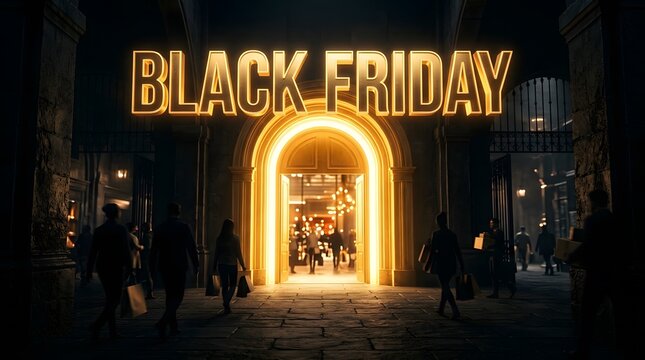 Black friday sale event with glowing golden text above a brightly lit store entrance at night with shoppers carrying bags