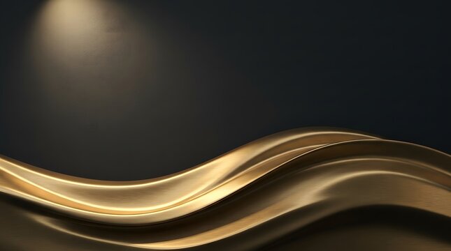 Abstract background with flowing golden metallic waves on a dark surface with soft lighting