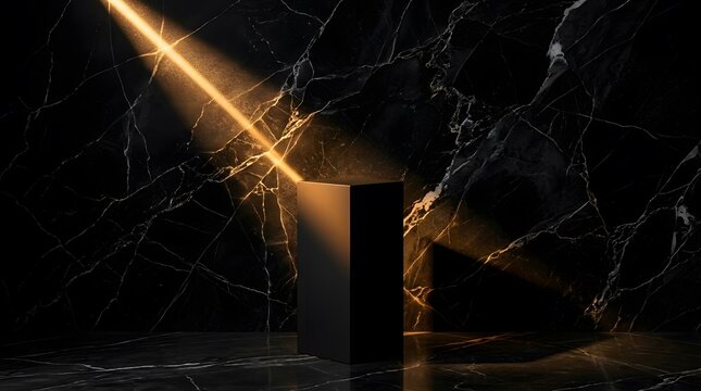 A minimalist black pedestal stands against a dark marble wall, illuminated by a dramatic diagonal beam of warm golden light