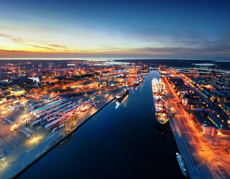 aerial view of illuminated cityscape and port klaipeda lithuania