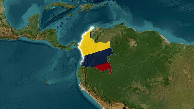 Colombia map outline filled with a flag glowing brightly video animation footage