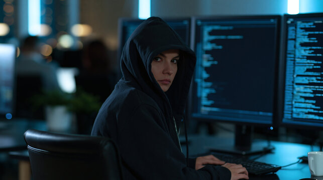 Cybersecurity Enigma: A person in a hooded sweatshirt is intently focused on multiple computer monitors displaying lines of code in a dimly lit office.