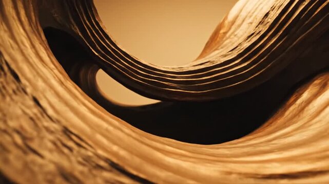 Modern wooden wave sculpture in gallery.