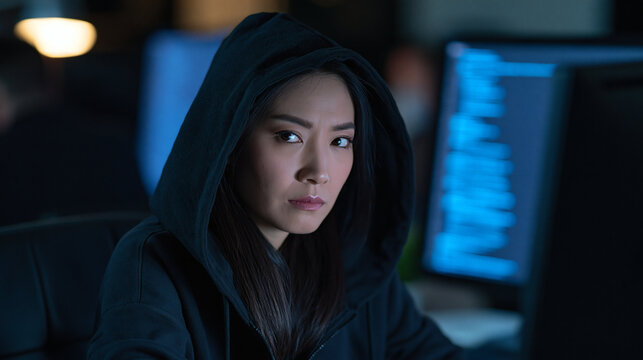 Determined Hacker in Dim Light: A focused young woman wearing a hooded sweatshirt works intently on a computer, her expression intense amidst the glow of code in a dimly lit room.