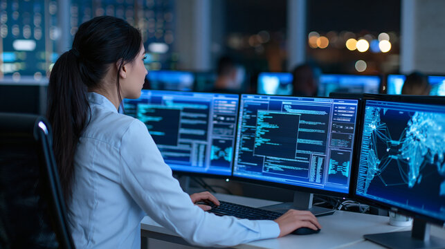 Data Analyst at Work: A focused female data analyst works intently on multiple computer screens displaying complex data visualizations and world maps in a modern, dimly lit control room.