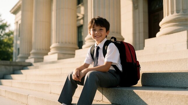 Young boy in uniform sits happily on stone stpic with backpack. Classical school building with columns provides backdrop for this student ready for education and learning.