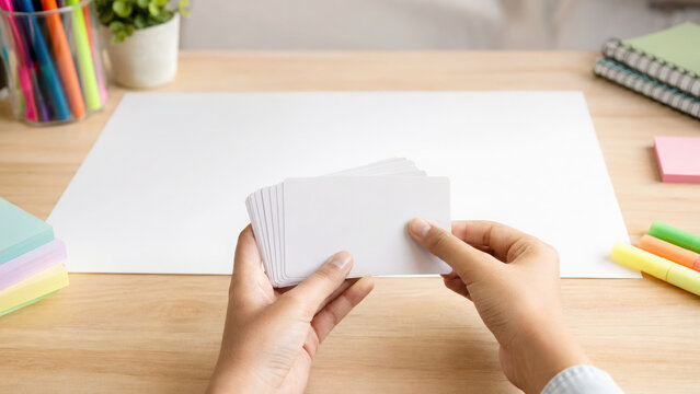 Study tips poster with blank flashcards on desk, colorful stationery and notebooks create organized and motivational workspace