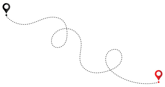Route icon - Route location icon two pin sign and dotted line. Dot line path route travel banner with location map pin icon. Travel vector icon. Travel from start point and dotted line tracking.