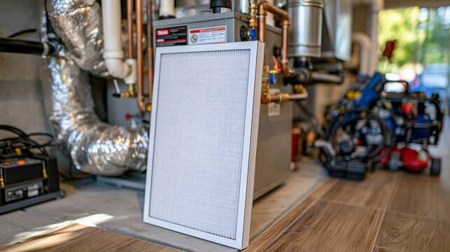 New pleated air filter standing vertically against a clean residential HVAC furnace, white filter media sharply detailed in foreground, insulated ductwork and heating pipes surrounding the unit, nea