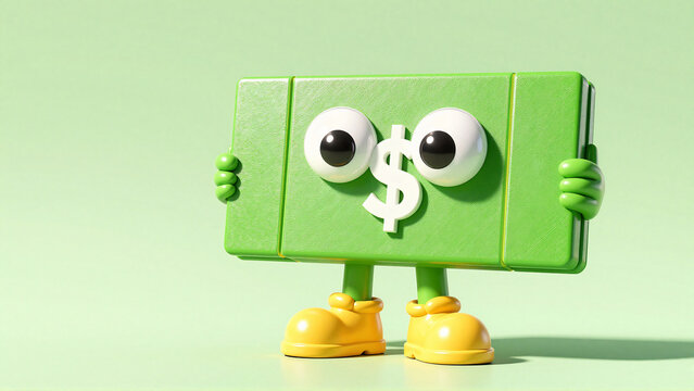 Funny green money character with big eyes and yellow shoes