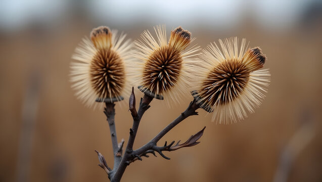 Three dried burdock seed heads Arctium lappa on a withered branch in autumn. Macro nature photography showing intricate textures of dry plant stems against a soft bokeh background for seasonal project