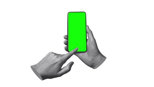 Halftone finger scrolling smartphone screen upward on white background. Green screen, retro pop art style, seamless loop suitable for social media feed, content browsing, and mobile interface concepts
