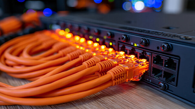 Organized orange ethernet cables neatly routed through a black server rack inside a bright modern data center, precise cable management, clean server hardware, illuminated rack panels, technology an