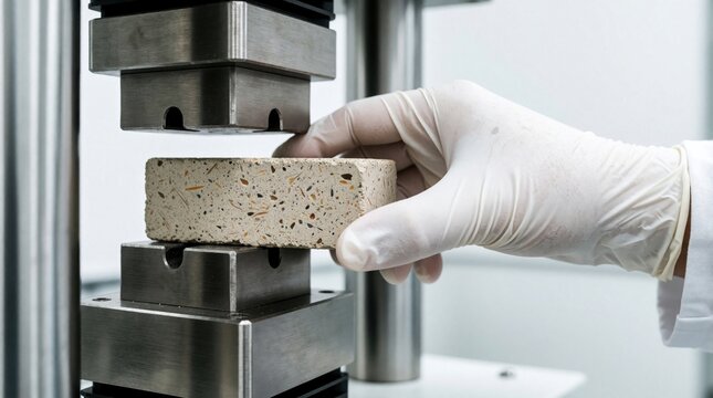 Scientist in lab places concrete block for strength test. Testing new eco friendly building material in machine for structural analysis. Researching sustainable construction innovation.