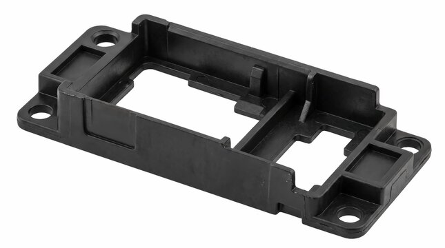 Black plastic mounting bracket for electronic components features a rectangular frame design with multiple screw holes for secure industrial installation