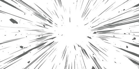 Fototapeta premium Manga action speed lines radial burst background with flying rock fragments for comic superhero battle vector illustration.