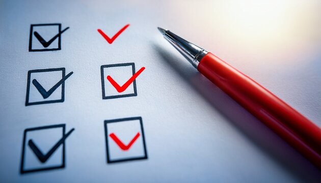 close up of a checklist with red check marks and a red pen symbolizing task completion and organization in planning
